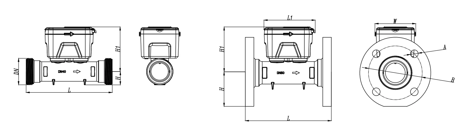 DN40–DN50 Ultrasonic Water Meter — Dimensions & installation 1